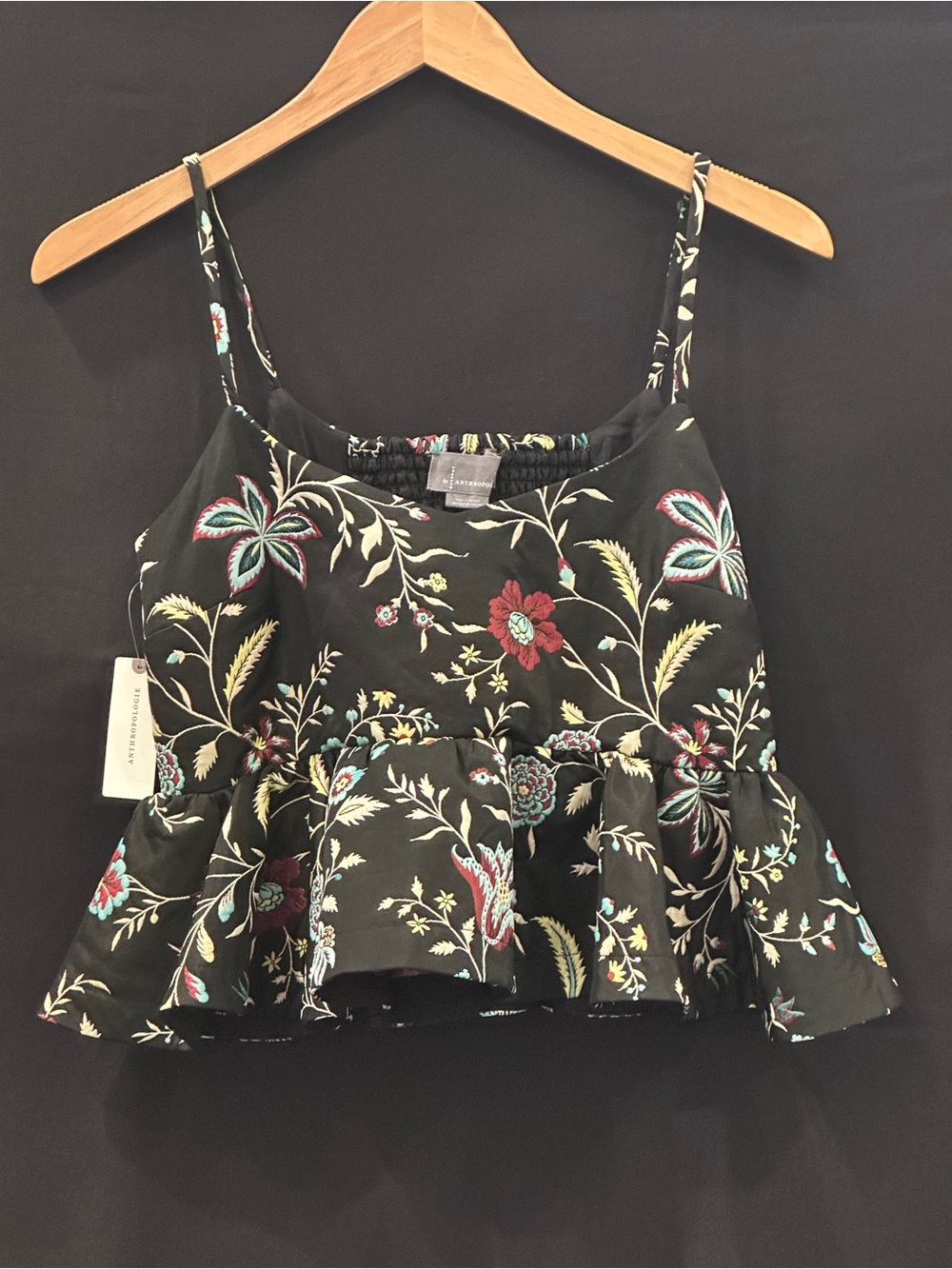 Anthropologie Black Floral Peplum Cami with Red & Teal Accents